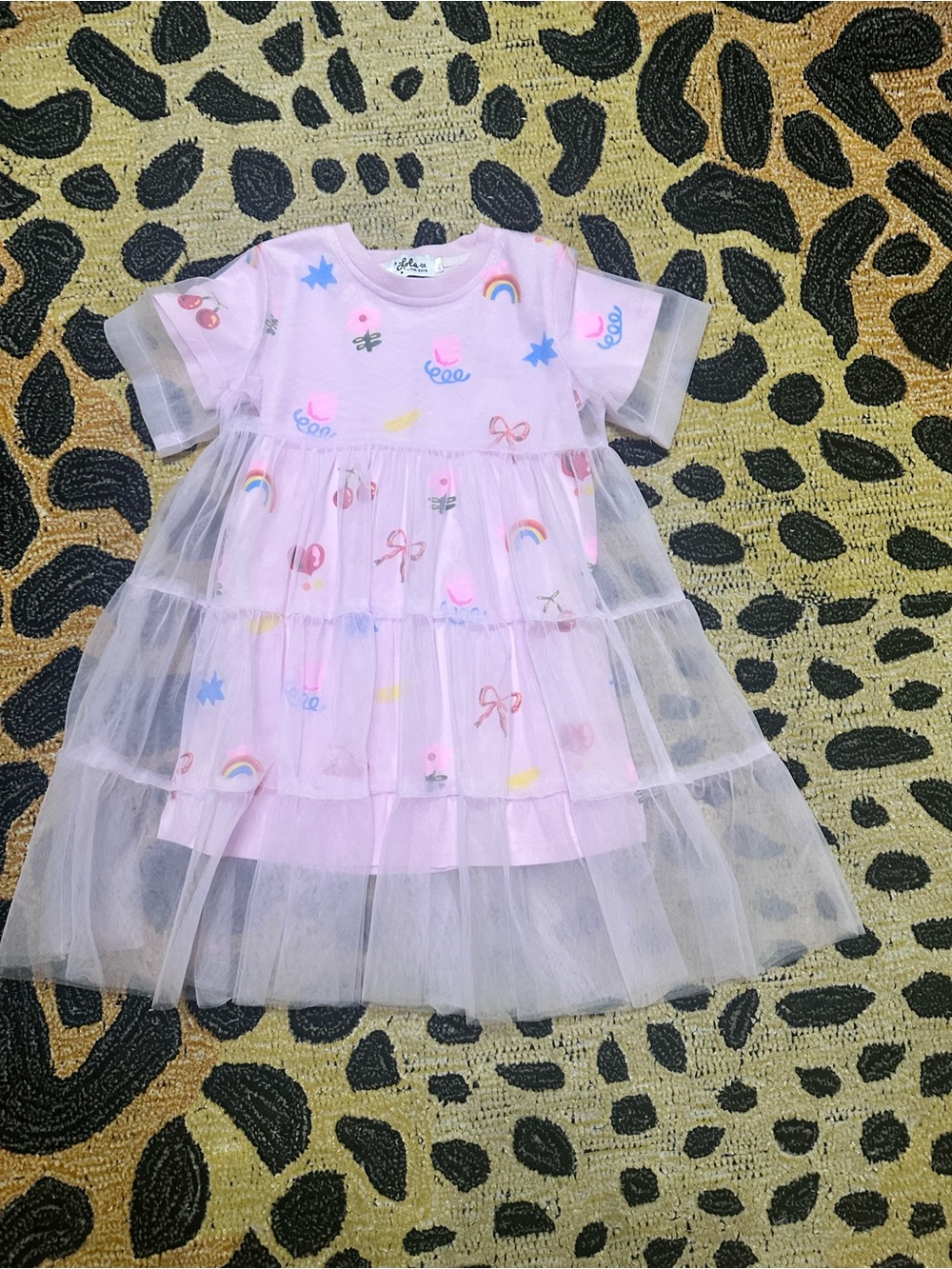 Lola + The Boys Pink Tulle Rainbow & Bow Tiered Dress
